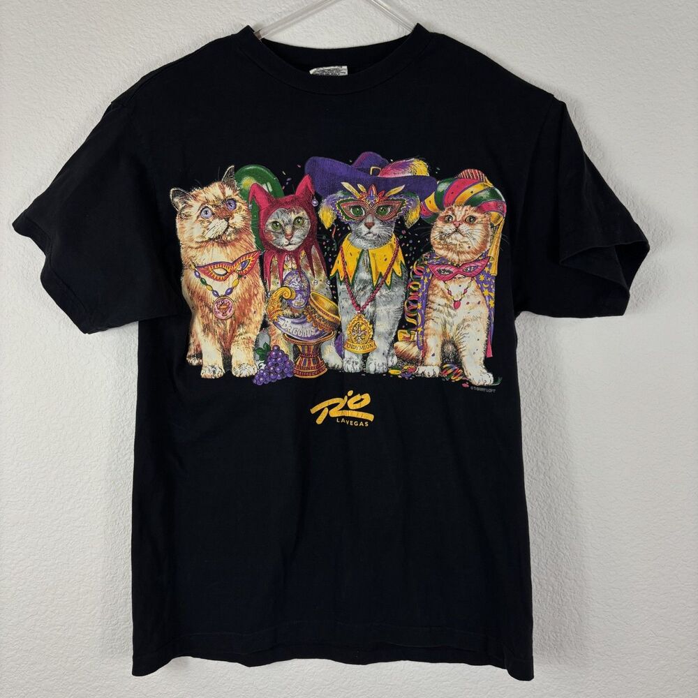 Vintage Rio Las Vegas Womens T-Shirt L Black Cat Mardi Gras Front & Back Print